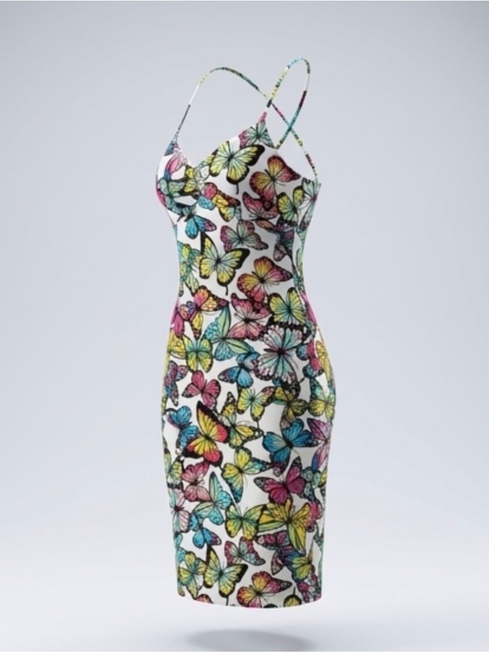 Butterfly Print White Bodycon Dress with Multicolor Accents